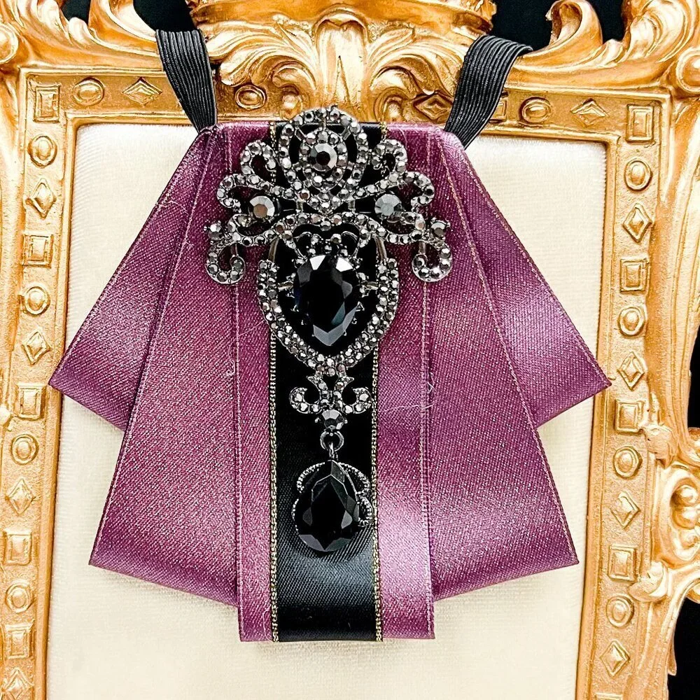Purple crystal bowtie, Kid's Necktie, Black Crystal Brooch, Kids Size, 2 in 1